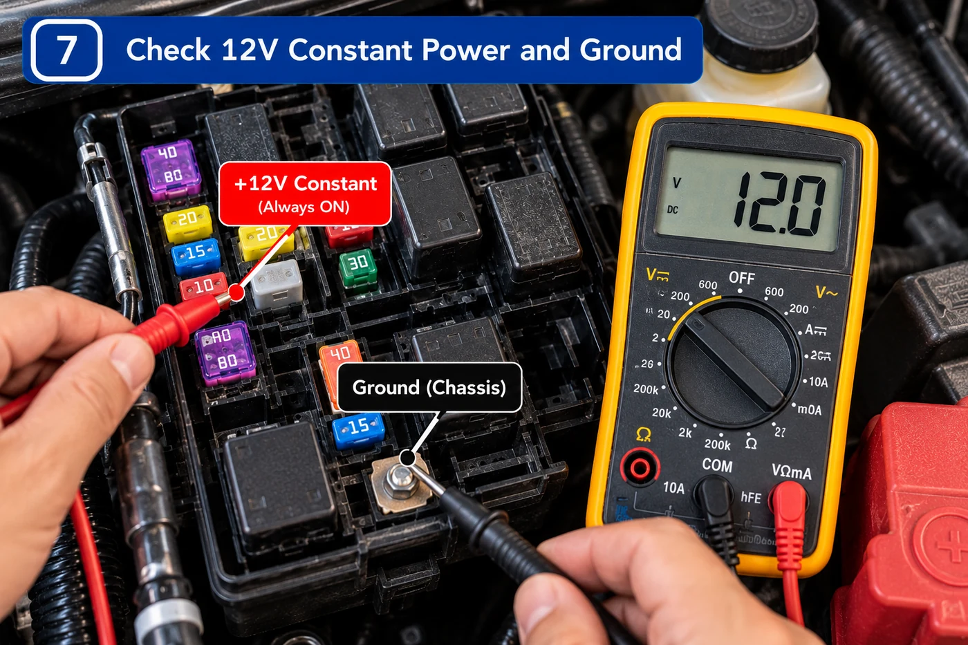 Digital multimeter checking constant 12V power and chassis ground during remote start troubleshooting