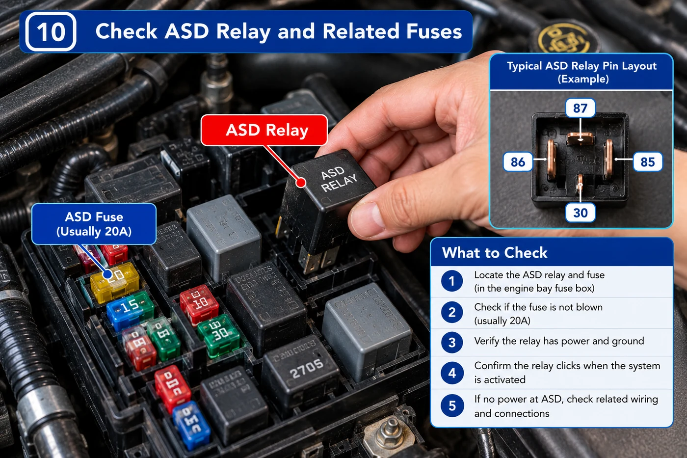 Engine bay fuse box showing an example ASD relay and related fuse check