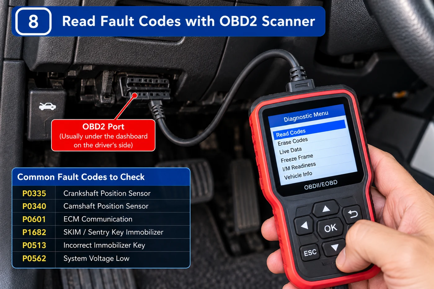 OBD2 scanner connected under the dashboard while diagnosing a Dodge crank-no-start condition