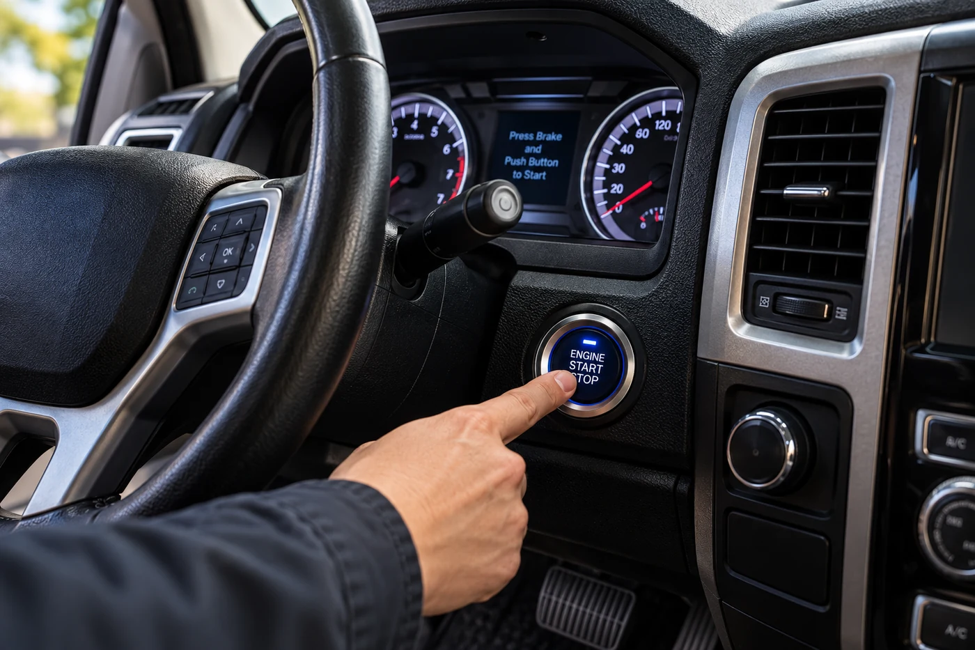 Aftermarket push button start troubleshooting inside a Dodge-style vehicle with no visible vehicle logo