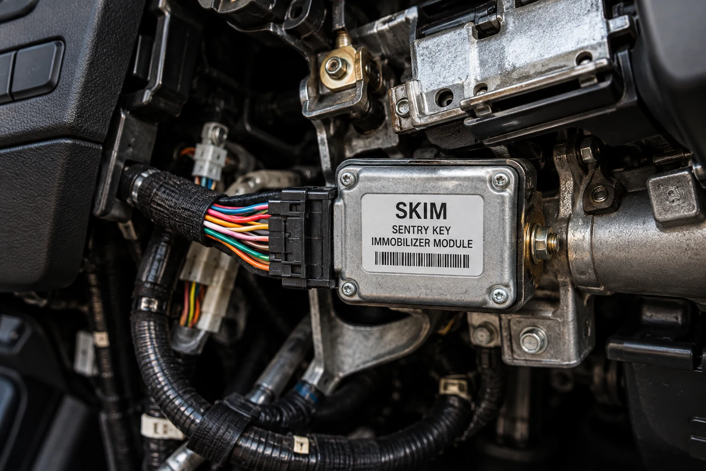 Close-up example of a SKIM Sentry Key Immobilizer Module and vehicle wiring under the dashboard