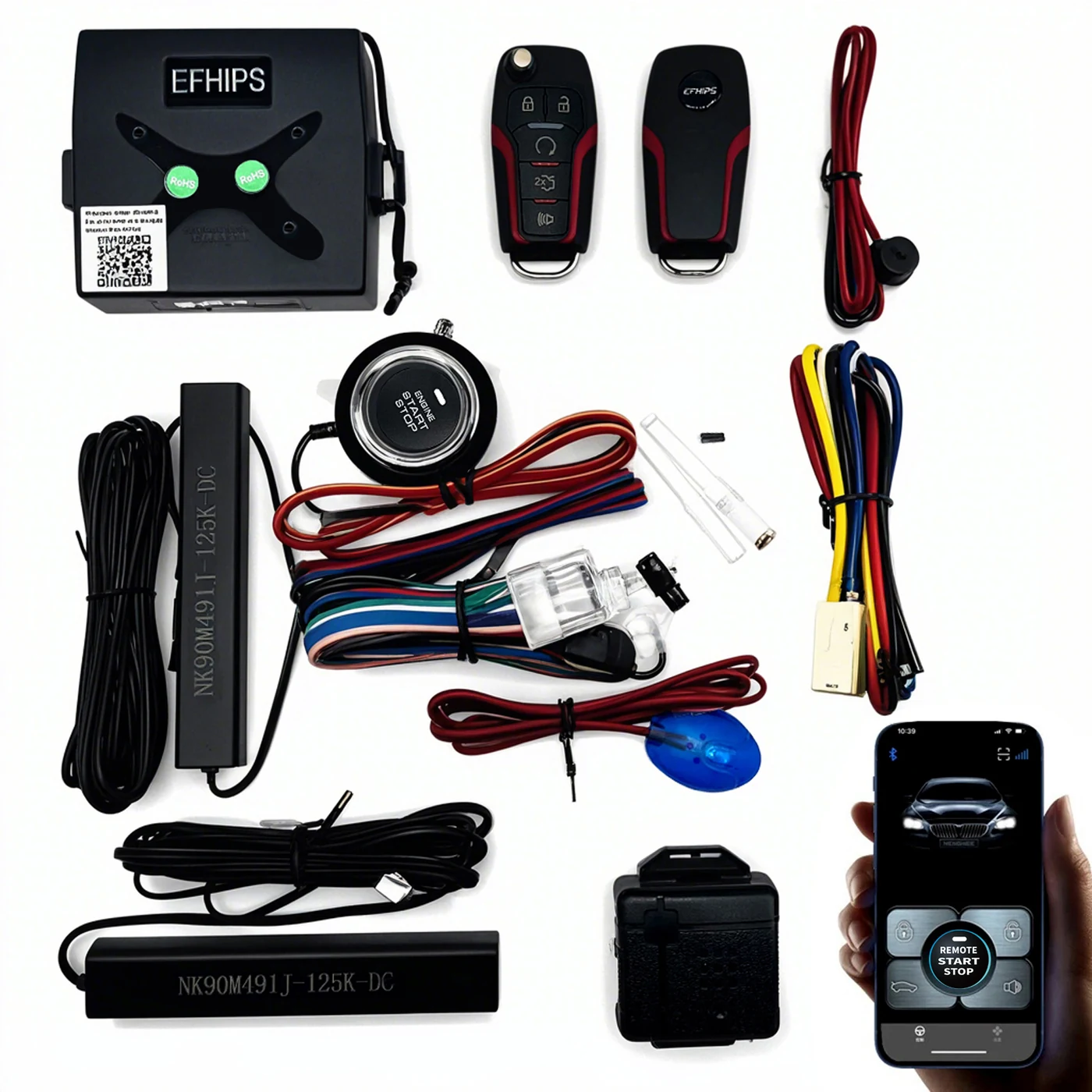 Actual EFHIPS 9007 push button start PKE remote start kit with control module, two black and red remotes, start button and wiring