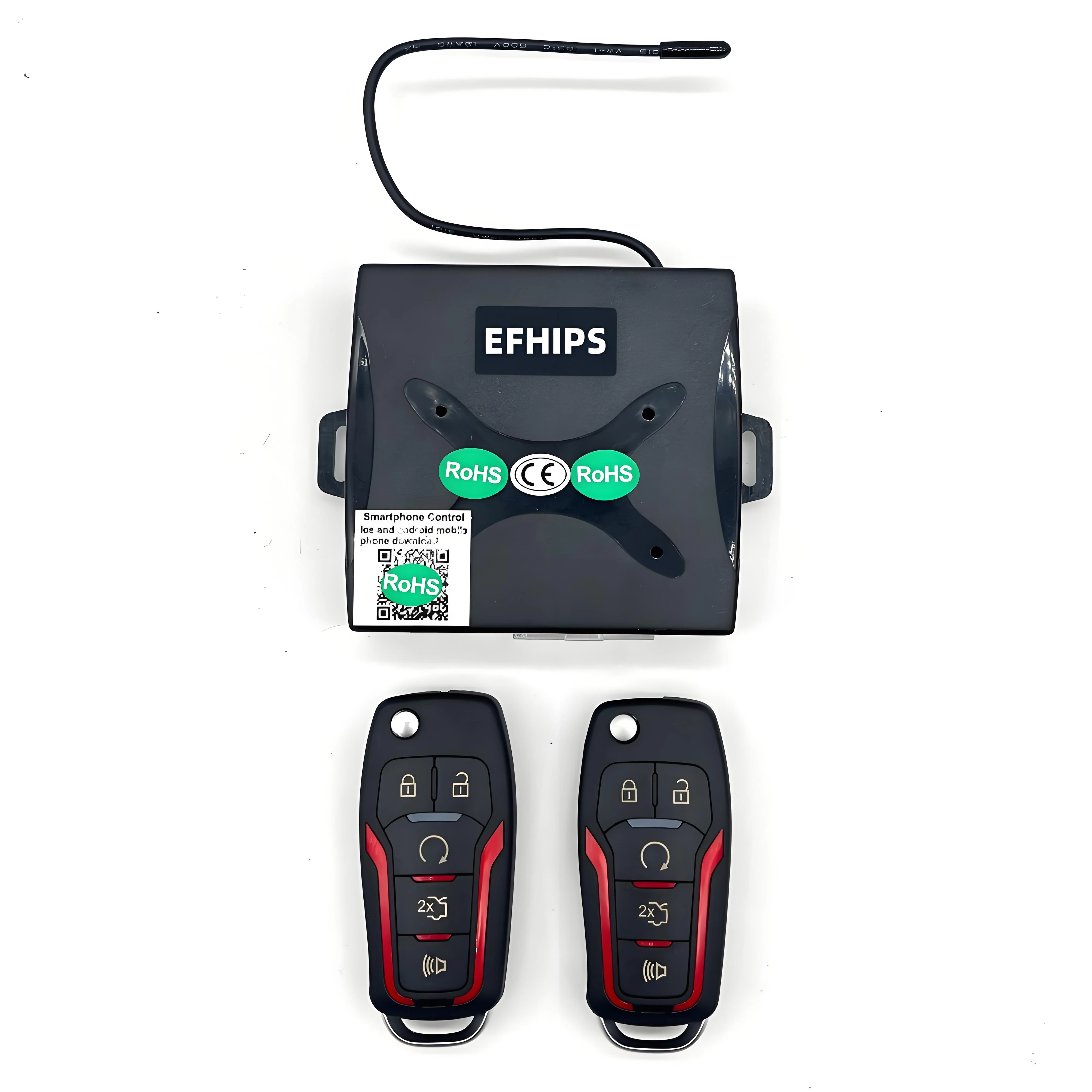 Actual EFHIPS 9007 control module with two black and red remote key fobs