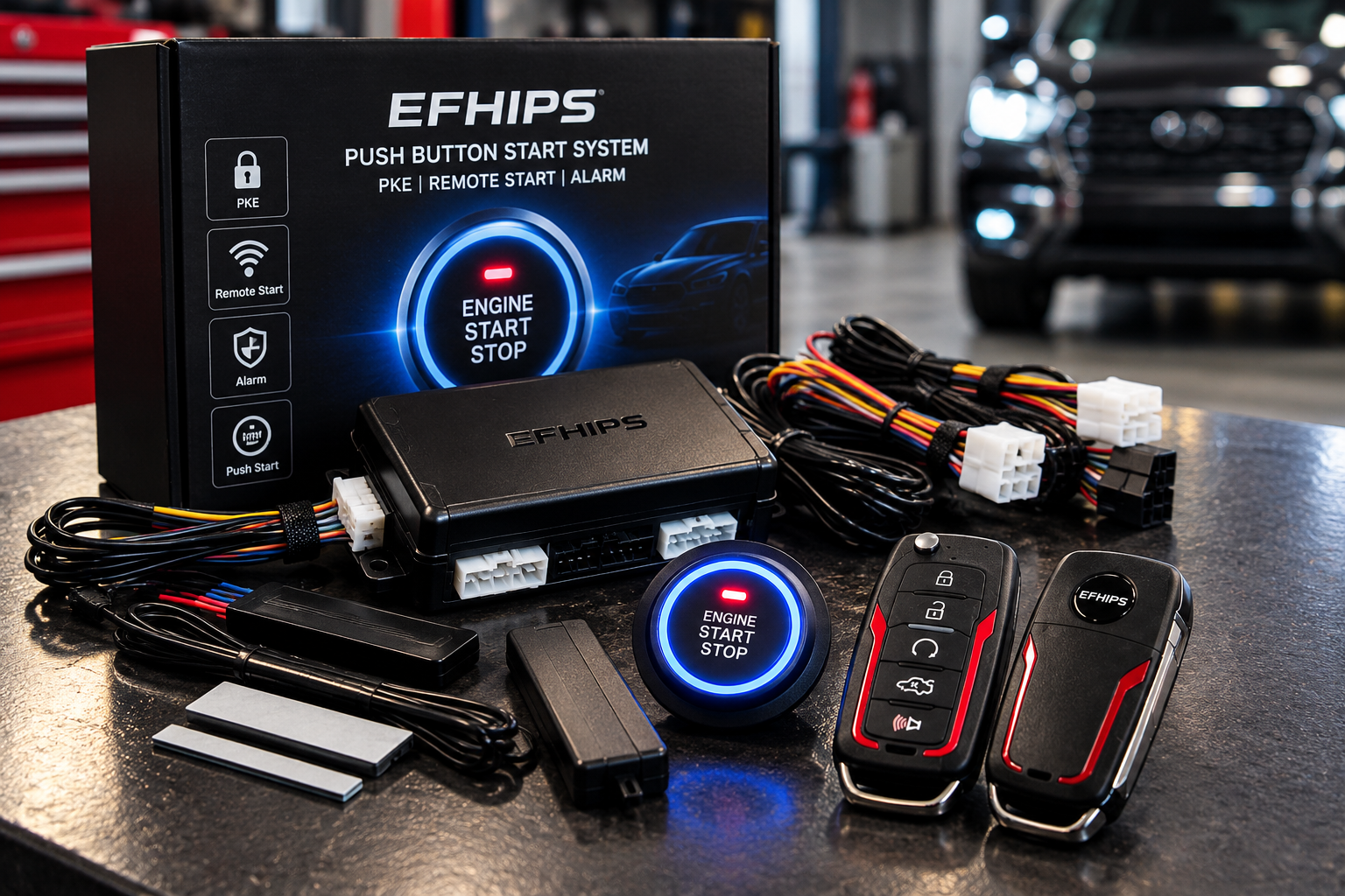 Complete EFHIPS push button start PKE remote start system in workshop