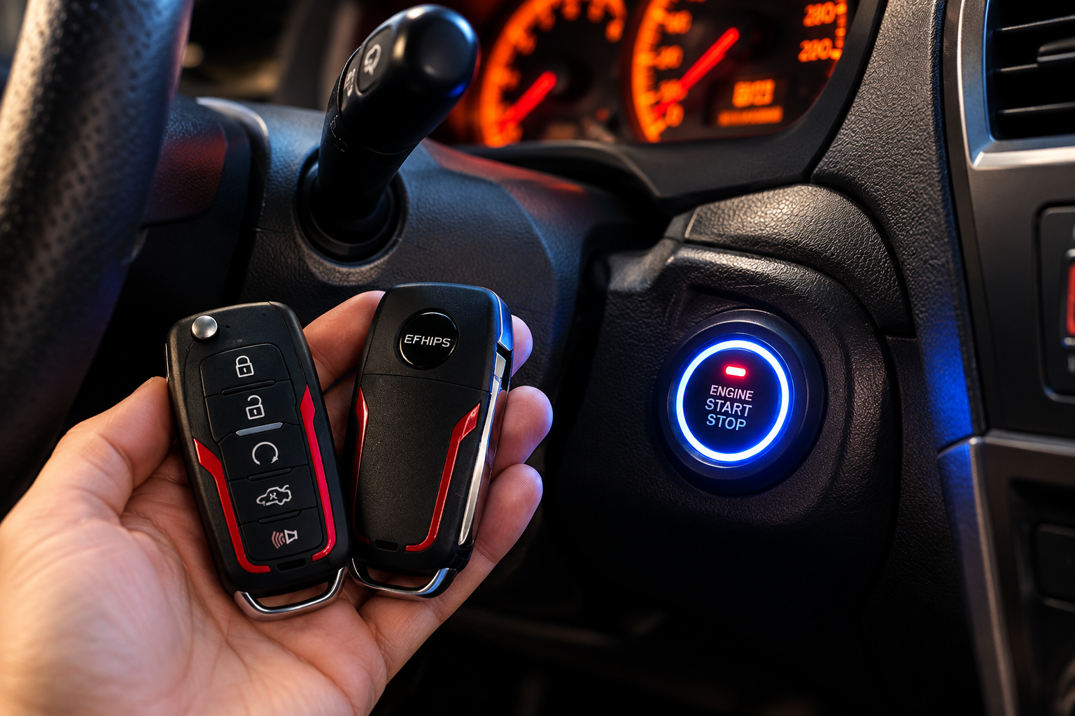 EFHIPS PKE key fobs beside an installed push button start