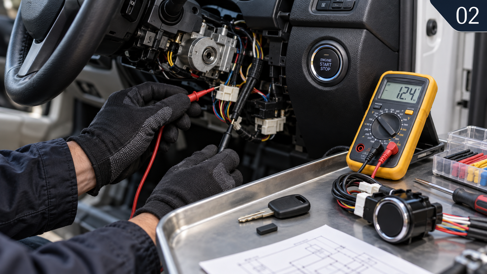 Technician testing push button start wiring with a digital multimeter