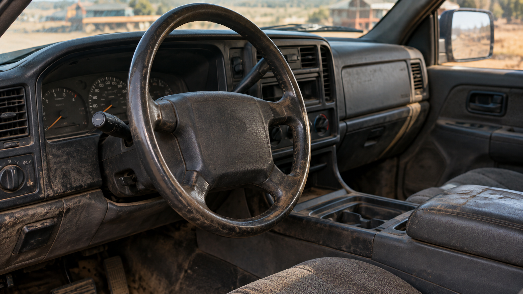 Dusty and worn interior of an old work truck with visible age and use