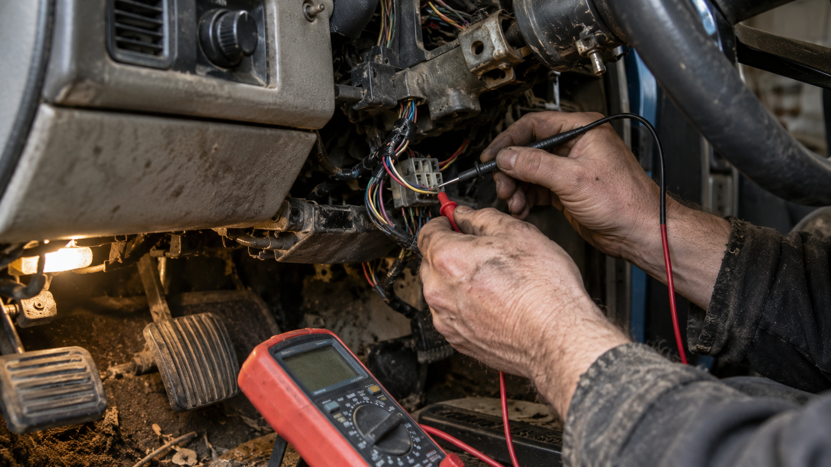 Technician testing wiring under the dashboard of an old truck with a multimeter