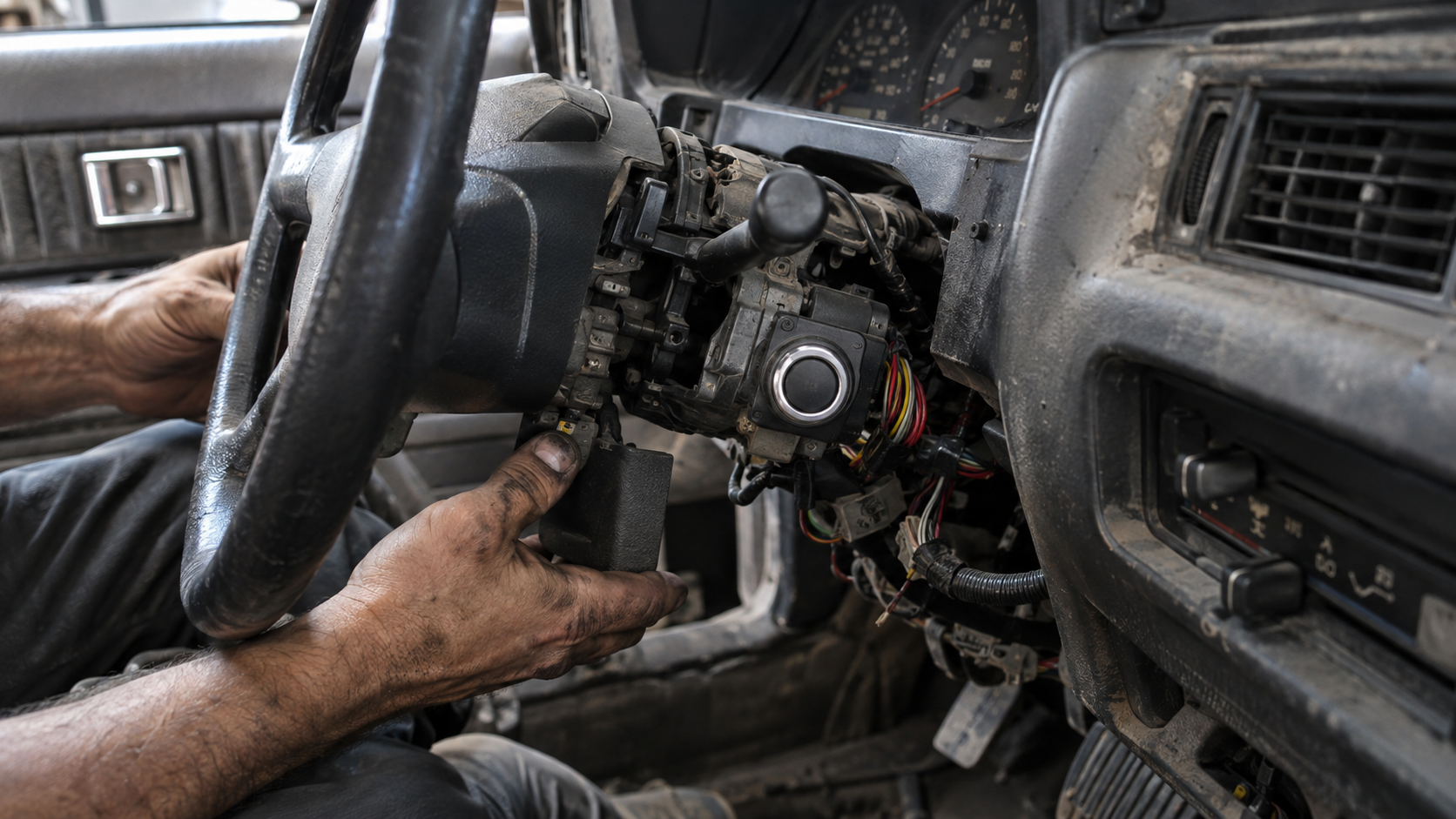 Old truck steering column during installation of push button start system