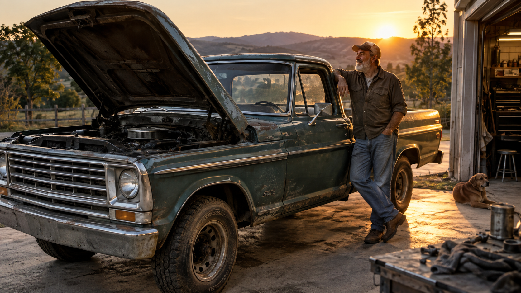 Older pickup truck at sunset after a practical modernization and repair effort