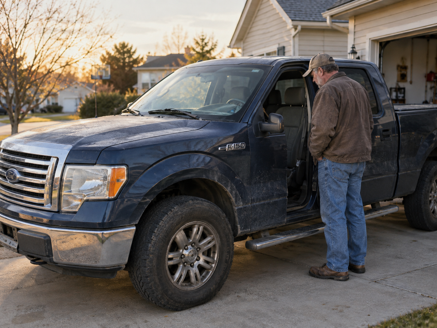Ford F-150 owner standing beside an older truck in a suburban driveway at sunset