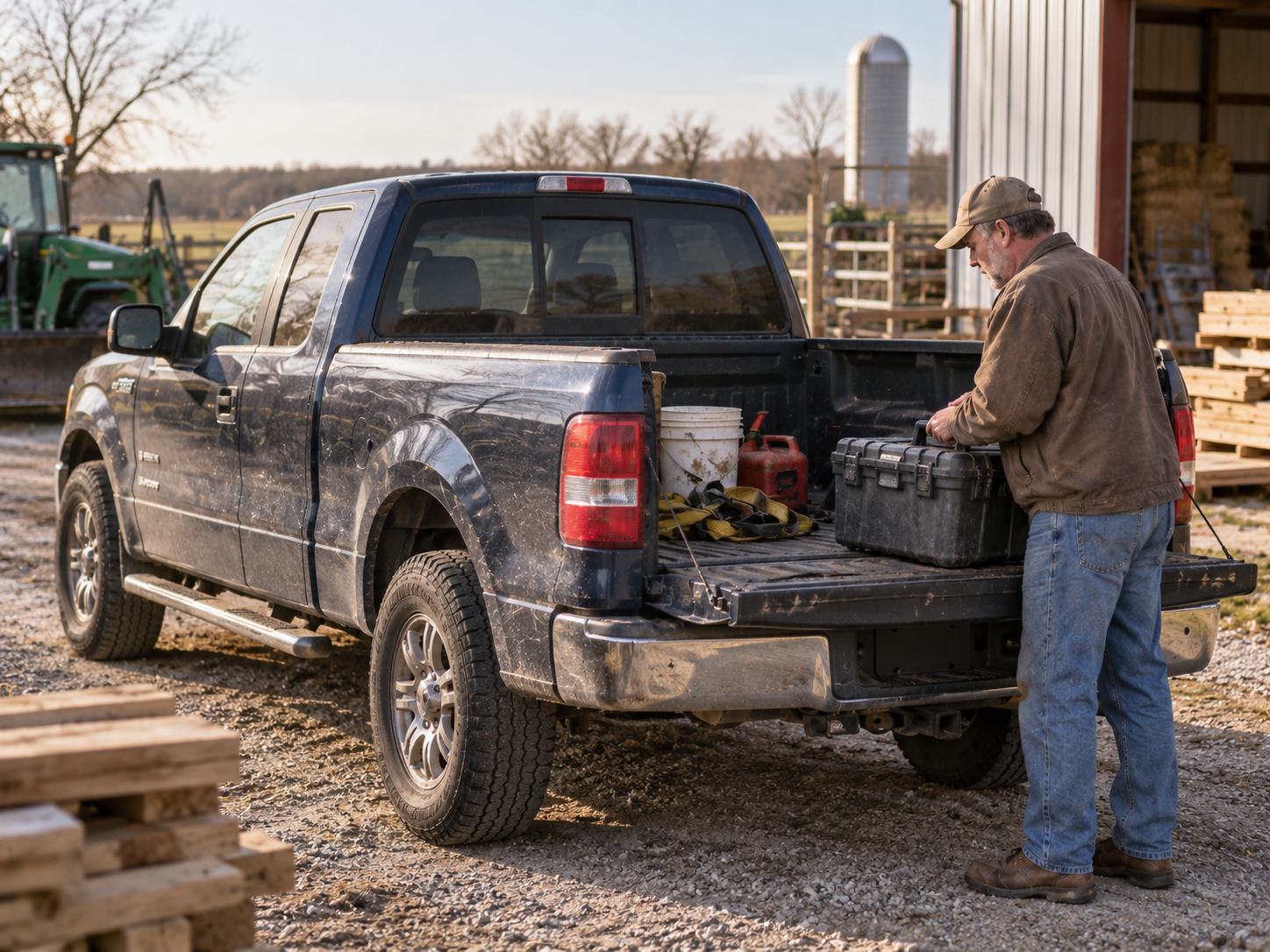 Ford F-150 parked near a barn while the owner unloads tools from the tailgate