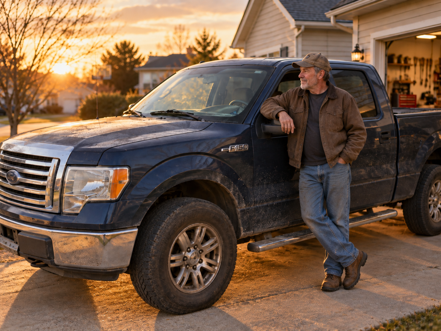 Ford F-150 owner leaning against his truck at sunset after finishing the upgrade