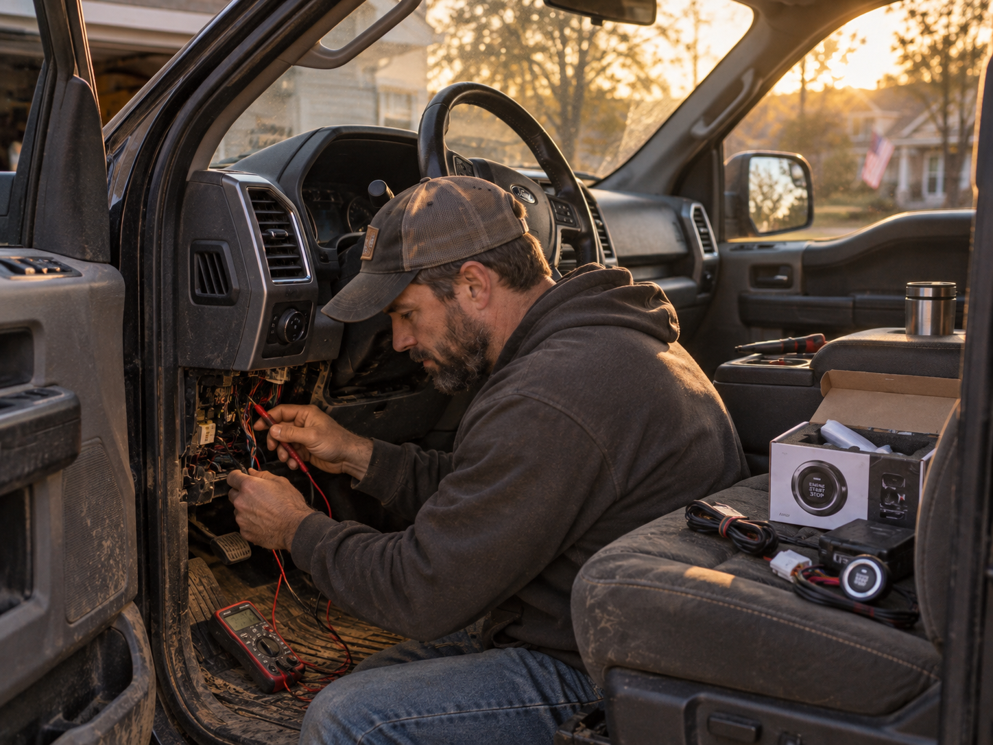 Owner diagnosing wiring under the dashboard of an old Ford F-150 with an EFHIPS push start kit