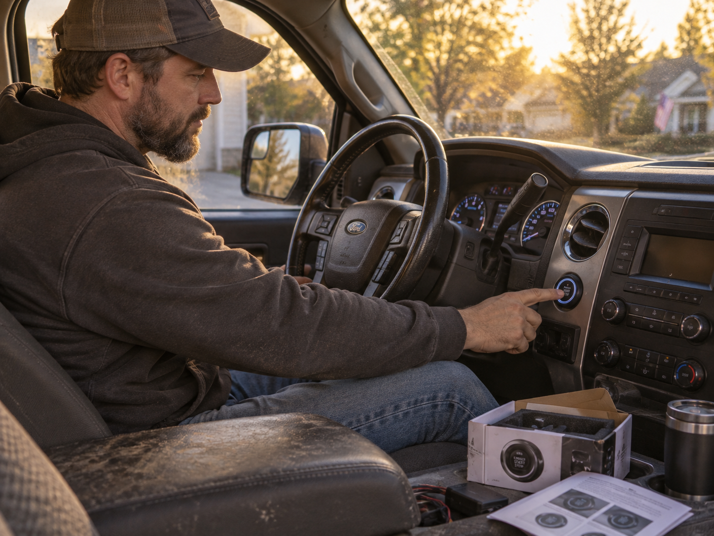 Owner pressing the installed push start button inside an old Ford F-150