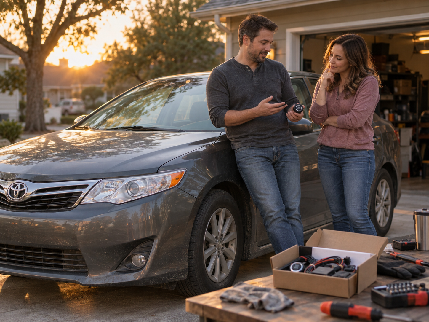 A couple standing beside a 2014 Toyota Camry while planning a push button start upgrade