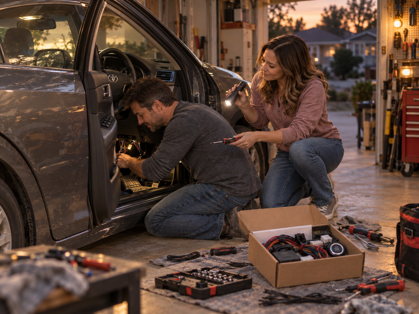 A husband and wife installing a push start system inside a garage on a Toyota Camry