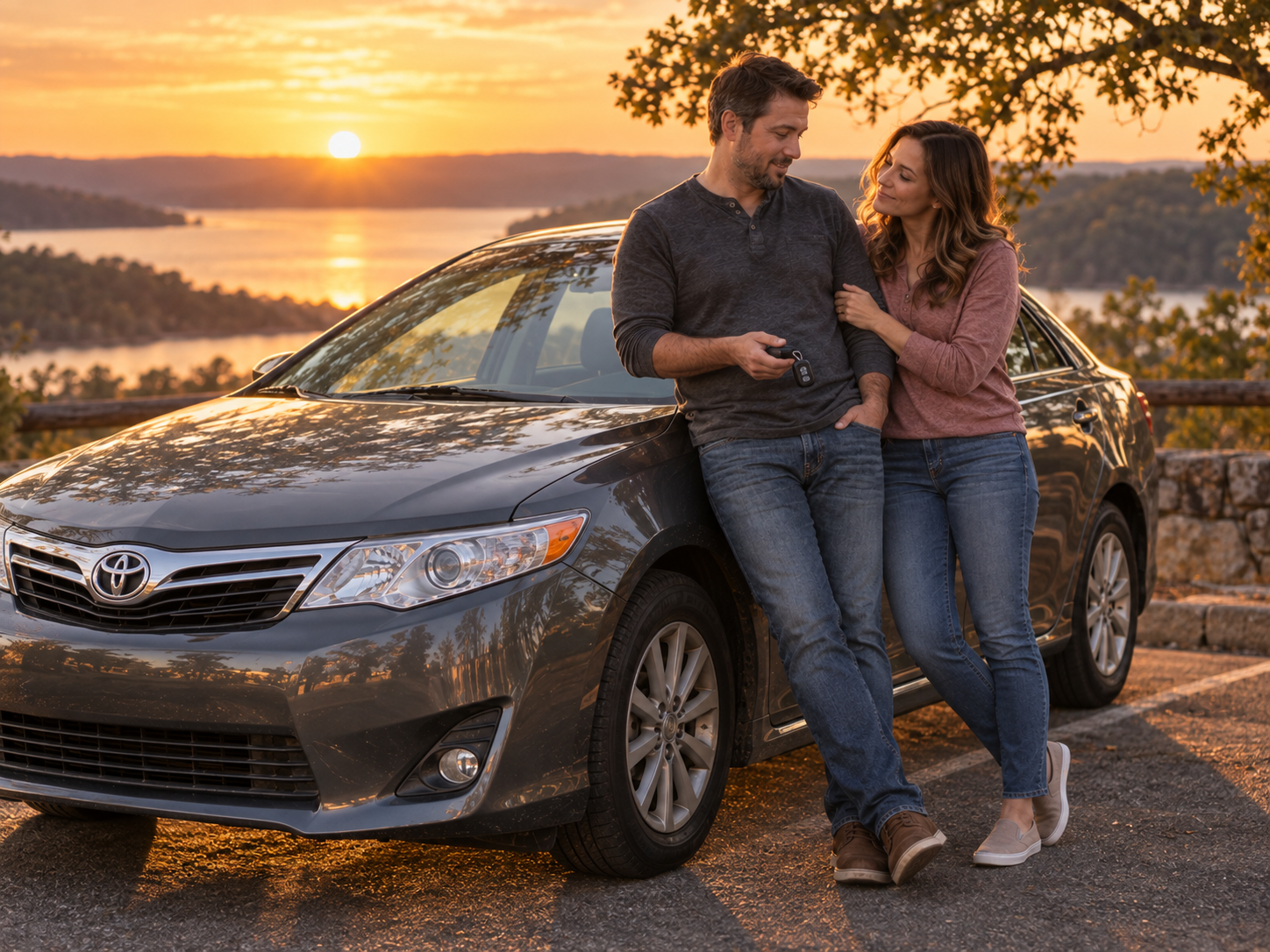 A couple standing beside a Toyota Camry at sunset after upgrading the car