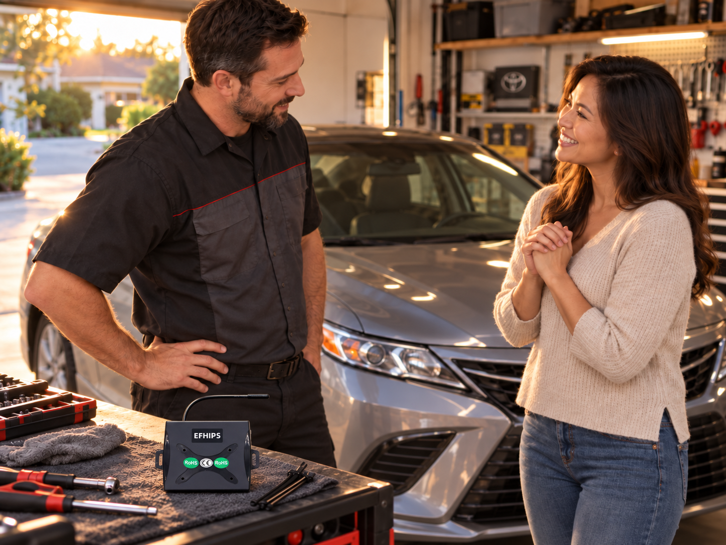 Toyota Camry owner smiling with technician after EFHIPS push button start installation is completed