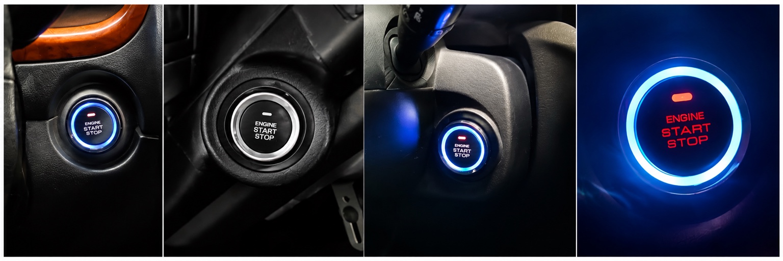 Installed engine start stop buttons glowing blue in real vehicle interiors