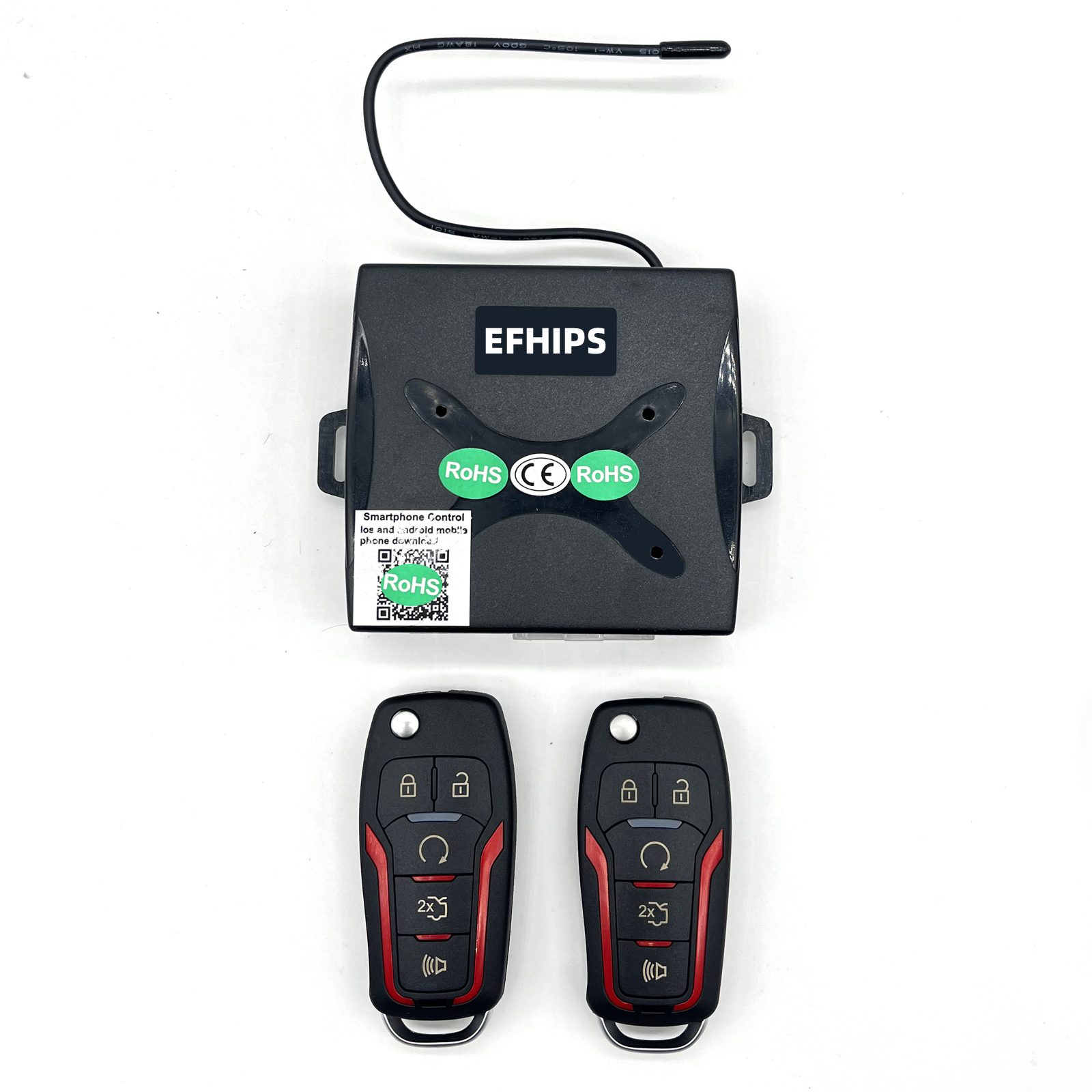 EFHIPS smart start control module with two remotes on a white background