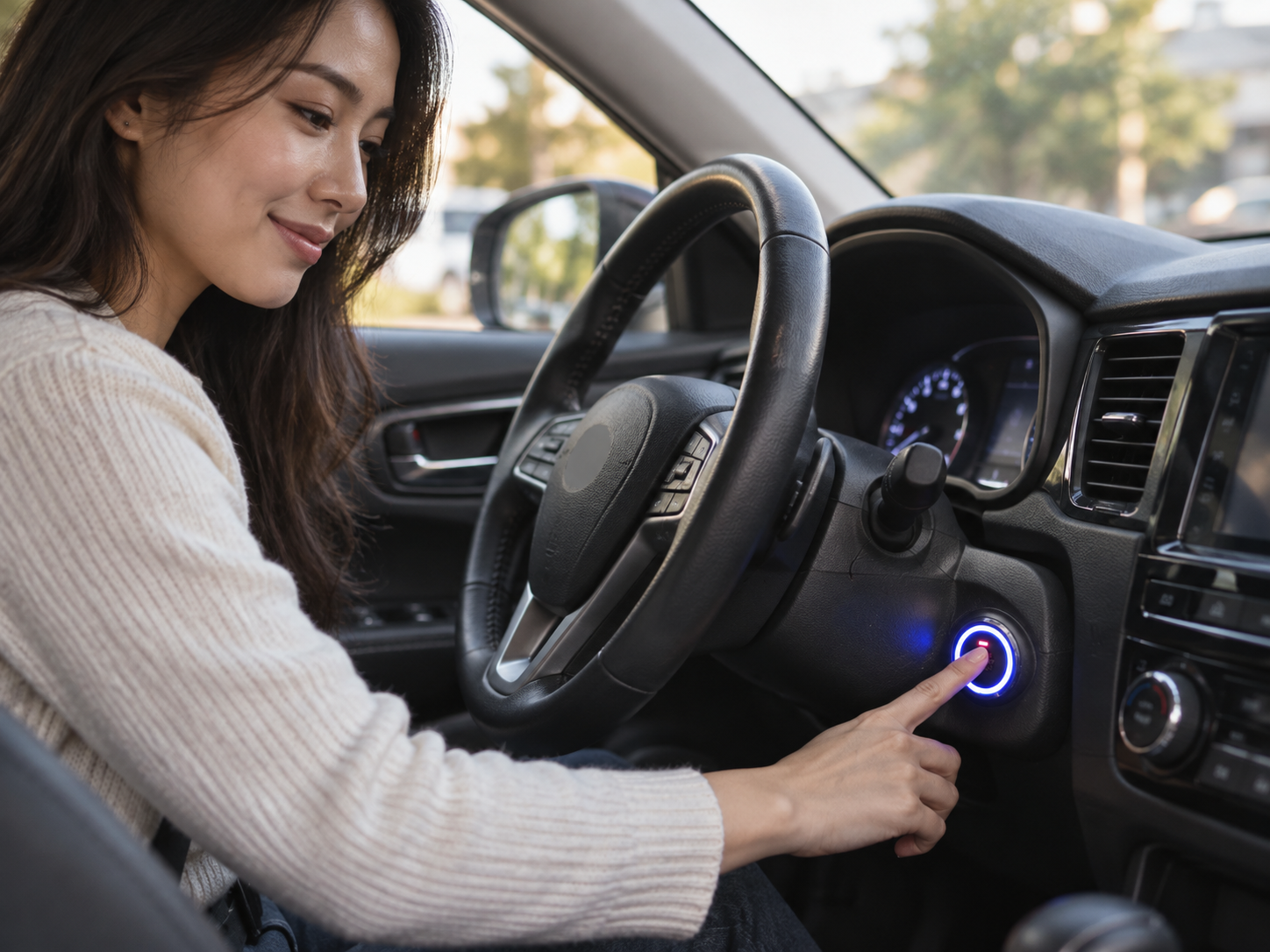 Close-up push button start installation scene inside the cabin with realistic workshop atmosphere